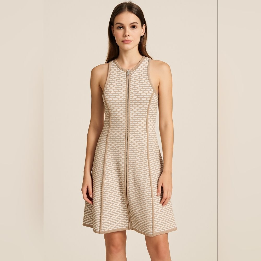 Intermix Textured Knit Fit & Flare Dress • Size S • Beige & Cream
